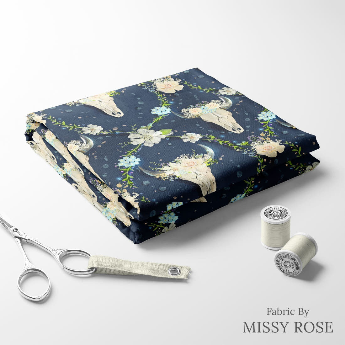 Design 580 Navy Floral Bull Skull Fabric folded fabric stack with matching thread – pre-order fabric Australia | Fabric by Missy Rose