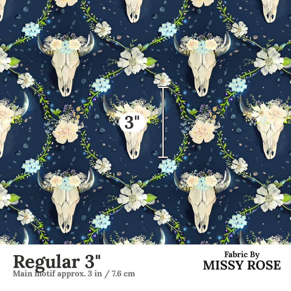 Design 580 Navy Floral Bull Skull Fabric Regular 3" - print scale | Fabric by Missy Rose