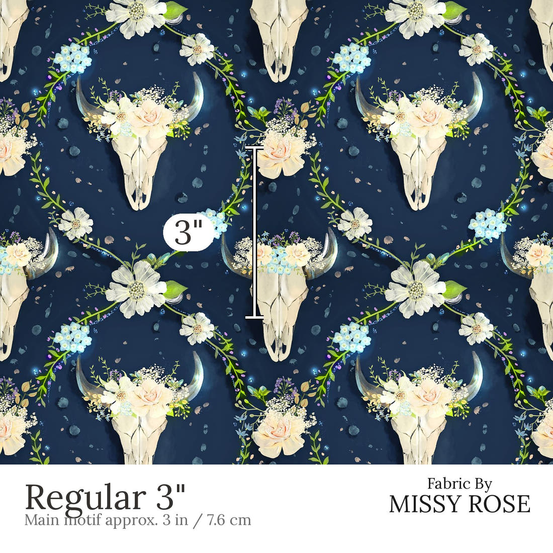 Design 580 Navy Floral Bull Skull Fabric Regular 3 inch print scale guide | Fabric by Missy Rose