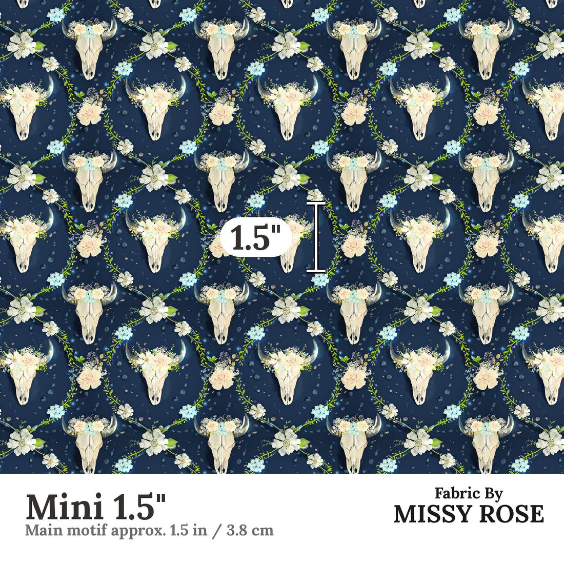 Design 580 Navy Floral Bull Skull Fabric Mini 1.5" - print scale | Fabric by Missy Rose