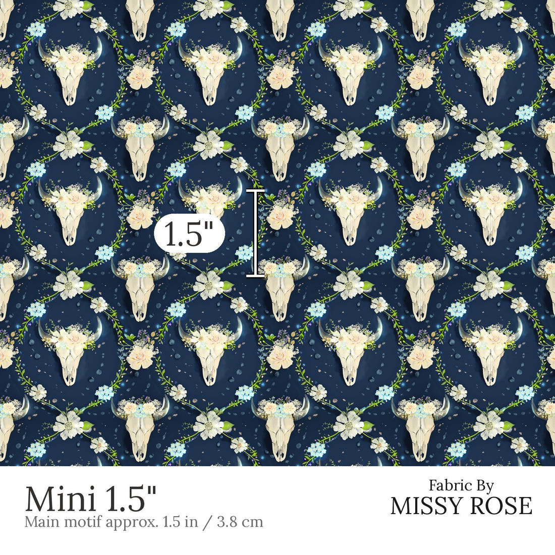 Design 580 Navy Floral Bull Skull Fabric Mini 1.5 inch print scale guide | Fabric by Missy Rose