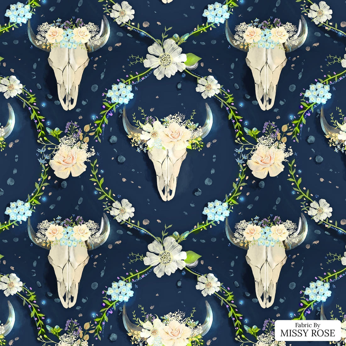 Design 580 Navy Floral Bull Skull Fabric - flat view of the print, zoom in for detail | Fabric by Missy Rose