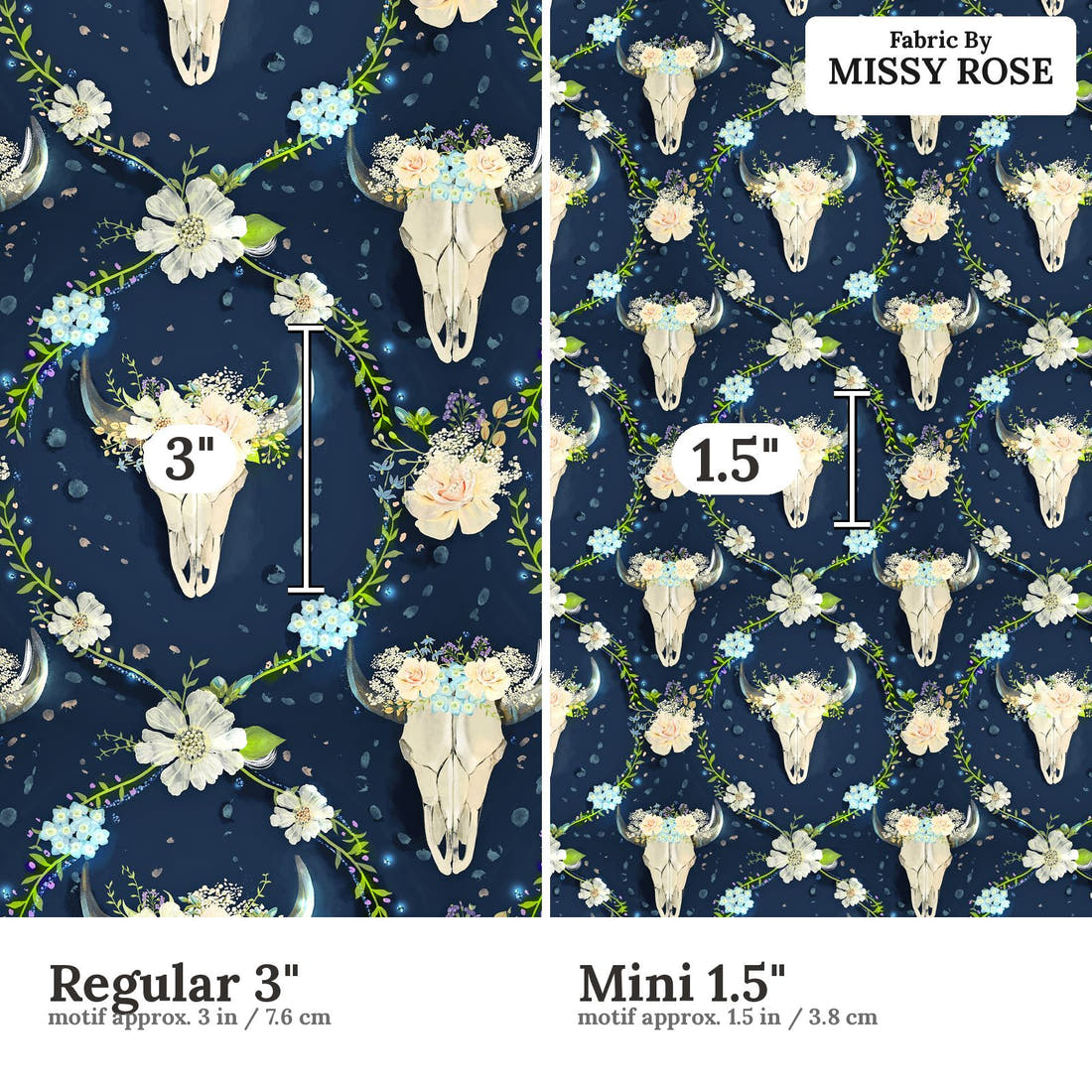 Design 580 Navy Floral Bull Skull Fabric size comparison - print scale | Fabric by Missy Rose