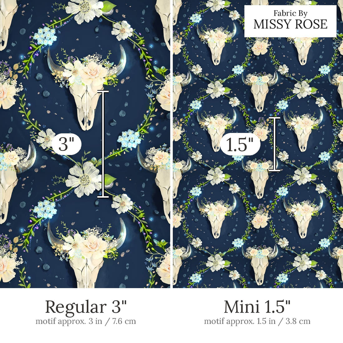 Design 580 Navy Floral Bull Skull Fabric Regular 3 inch vs Mini 1.5 inch print scale side by side | Fabric by Missy Rose