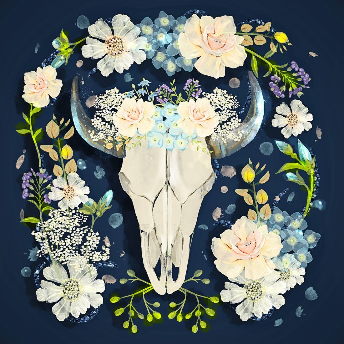 Design 580 Navy Floral Bull Skull Panel – full artwork close-up of the printed picture | Fabric by Missy Rose