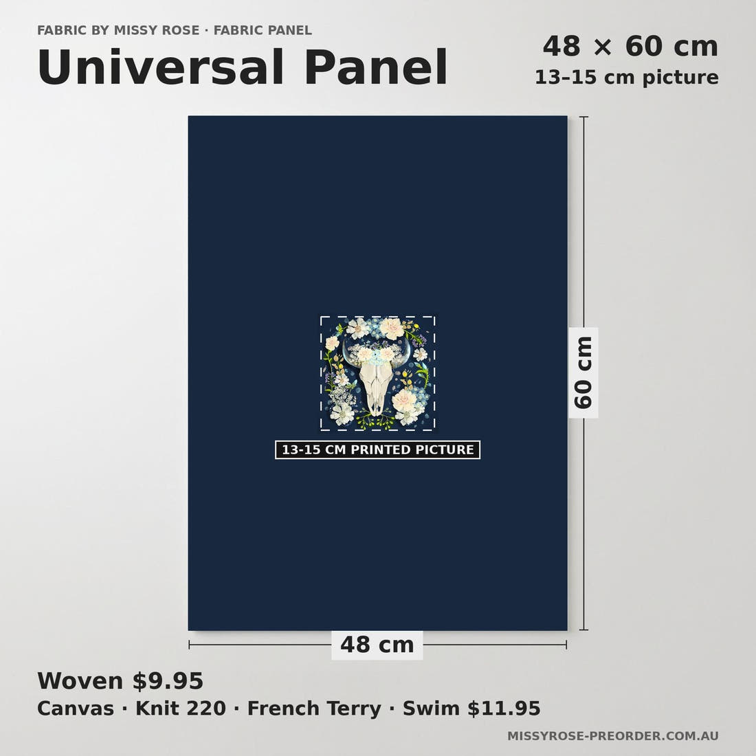 Design 580 Navy Floral Bull Skull Panel universal panel sizing – 13–15 cm printed picture on 48 × 60 cm fabric | Fabric by Missy Rose