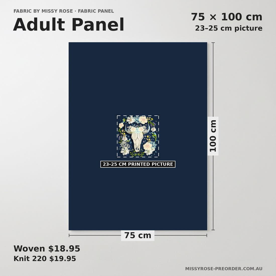 Design 580 Navy Floral Bull Skull Panel adult panel sizing – 23–25 cm printed picture on 75 × 100 cm fabric | Fabric by Missy Rose