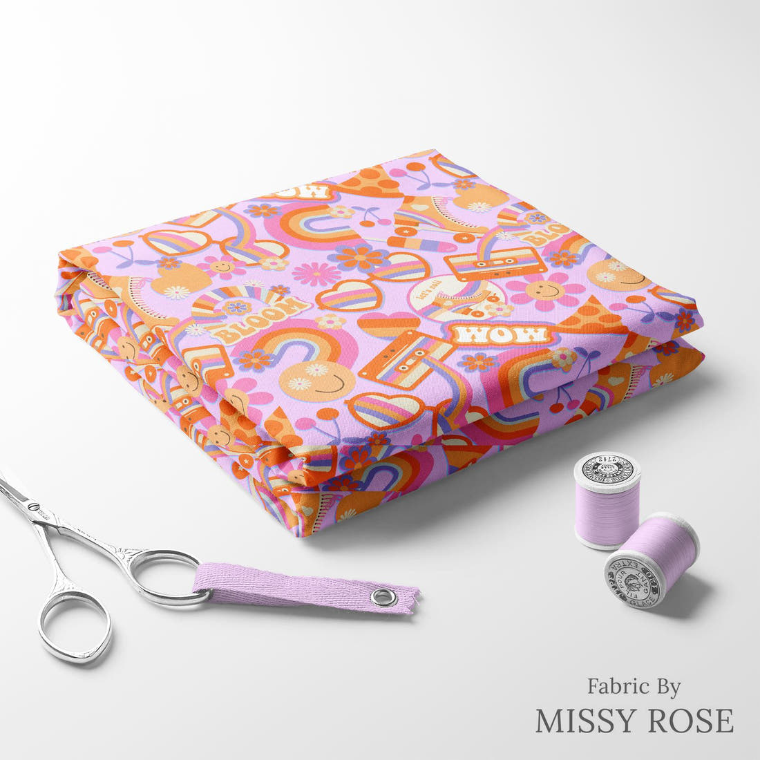 Design 581 Retro Fabric folded fabric stack with matching thread – pre-order fabric Australia | Fabric by Missy Rose