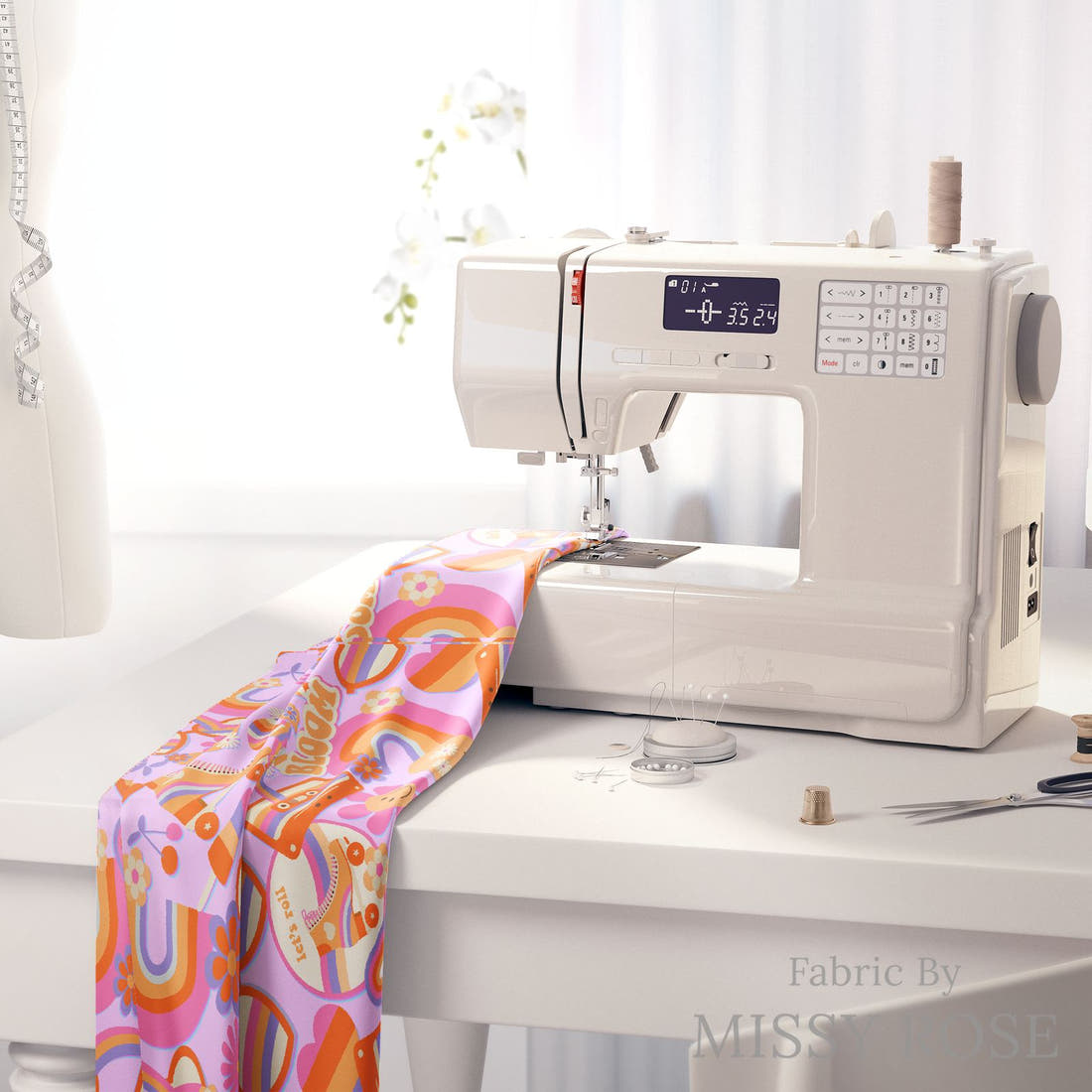 Design 581 Retro Fabric on a sewing machine – premium fabric for sewing projects | Fabric by Missy Rose