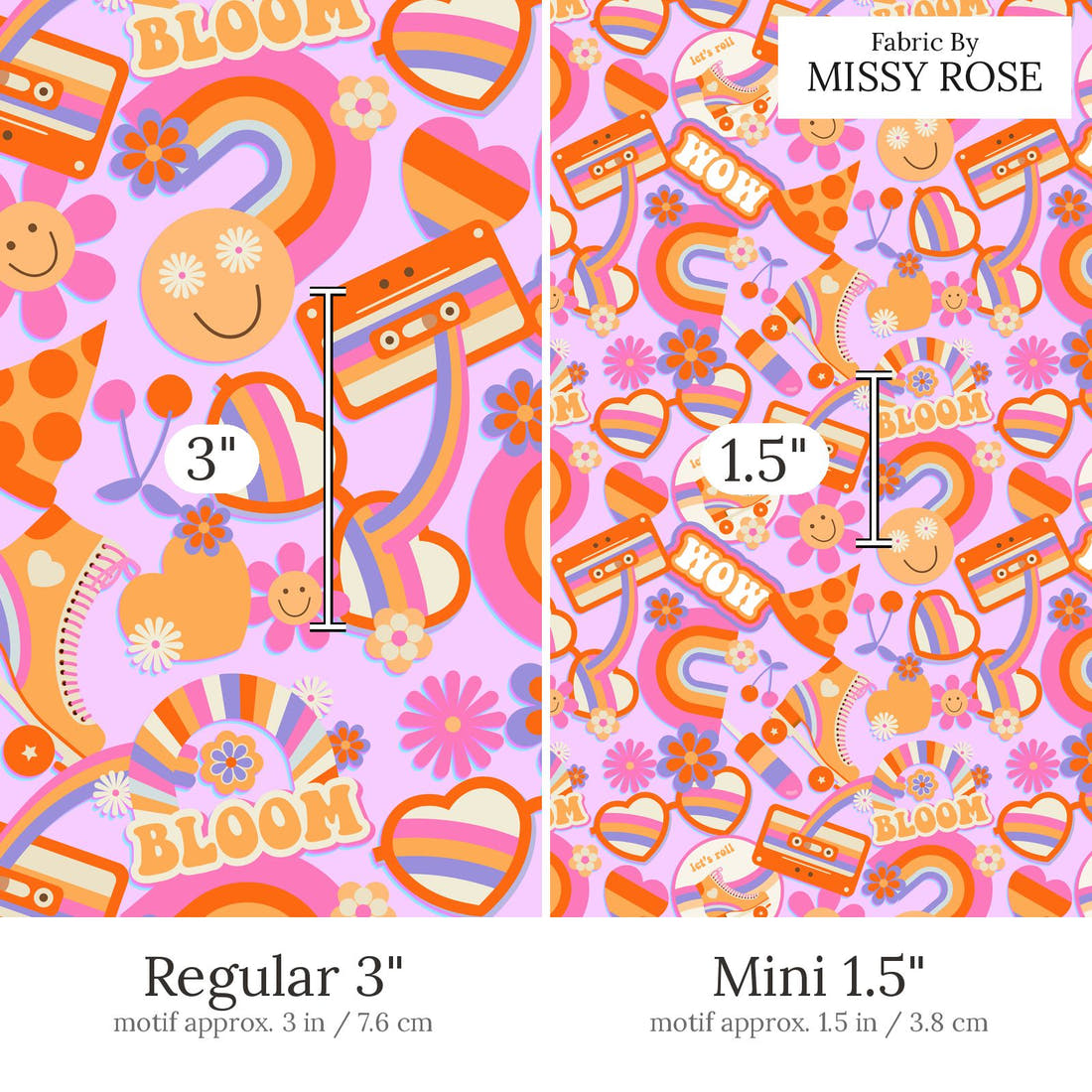Design 581 Retro Fabric Regular 3 inch vs Mini 1.5 inch print scale side by side | Fabric by Missy Rose