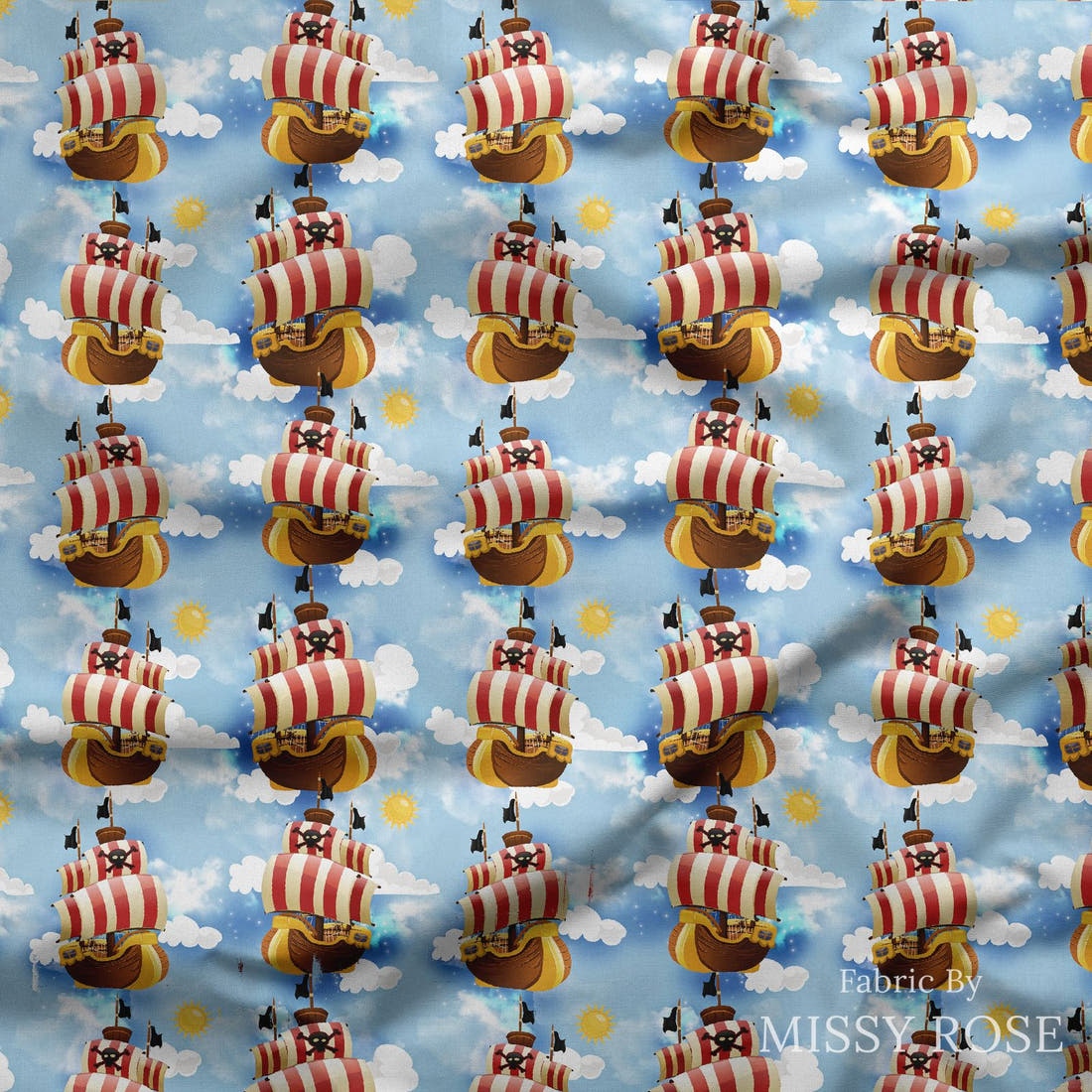 Design 582 Air Pirate Fabric draped fabric mockup – custom printed fabric by the metre | Fabric by Missy Rose