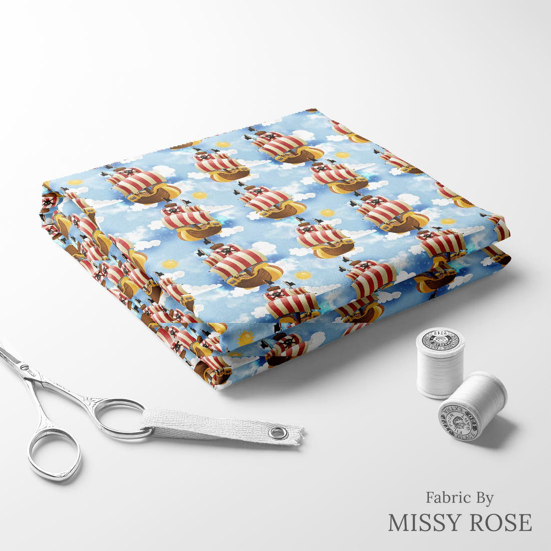 Design 582 Air Pirate Fabric folded fabric stack with matching thread – pre-order fabric Australia | Fabric by Missy Rose
