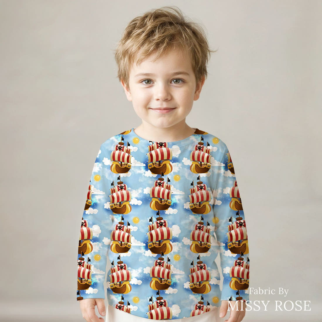 Design 582 Air Pirate Fabric sewn into a kids' long sleeve top – see how the print looks made up | Fabric by Missy Rose