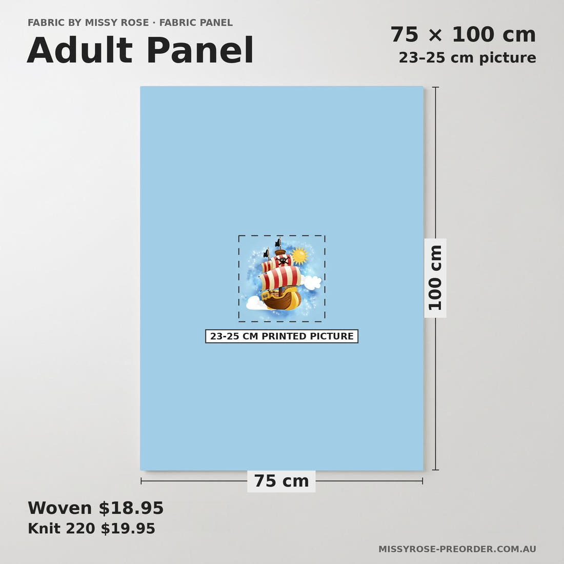 Design 582 Air Pirate Panel adult panel sizing – 23–25 cm printed picture on 75 × 100 cm fabric | Fabric by Missy Rose