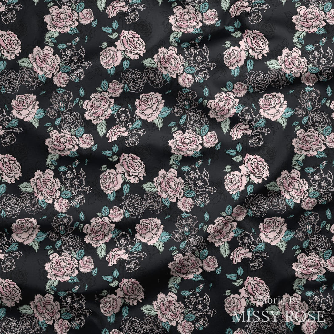 Design 583 Antique Roses Fabric draped fabric mockup – custom printed fabric by the metre | Fabric by Missy Rose