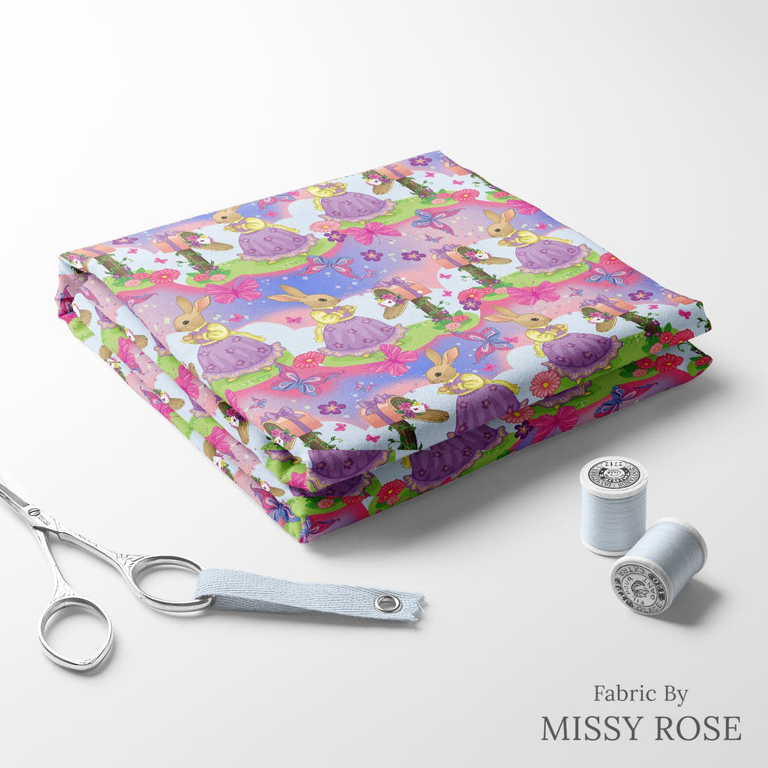 Design 584 Bunny Fabric folded fabric stack with matching thread – pre-order fabric Australia | Fabric by Missy Rose