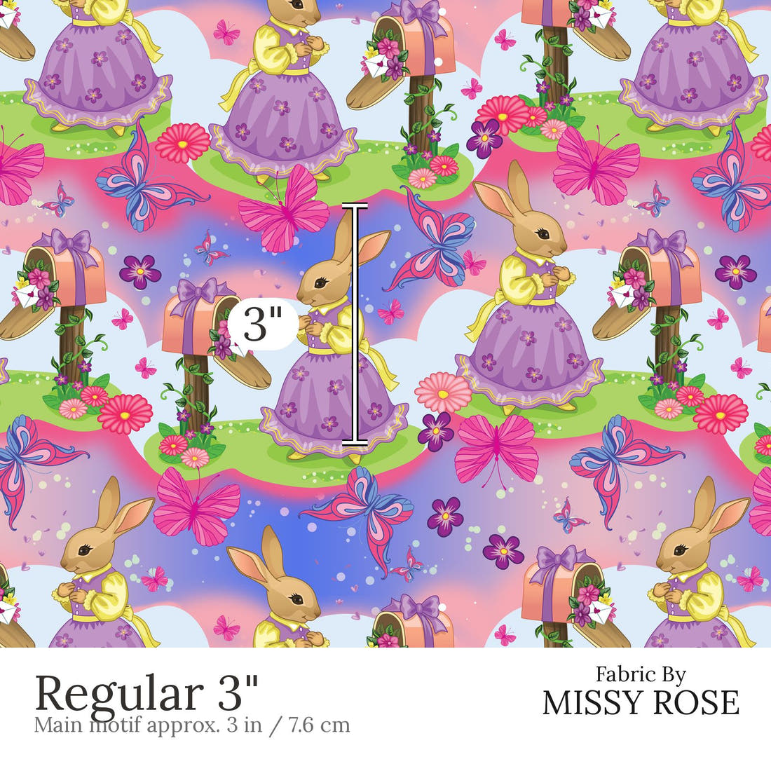Design 584 Bunny Fabric Regular 3 inch print scale guide | Fabric by Missy Rose