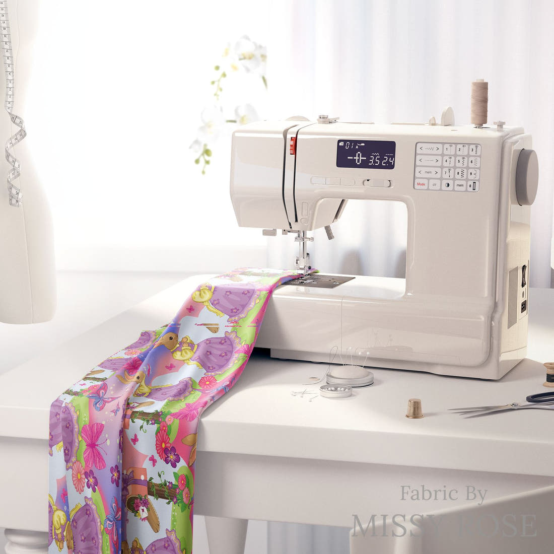 Design 584 Bunny Fabric on a sewing machine – premium fabric for sewing projects | Fabric by Missy Rose