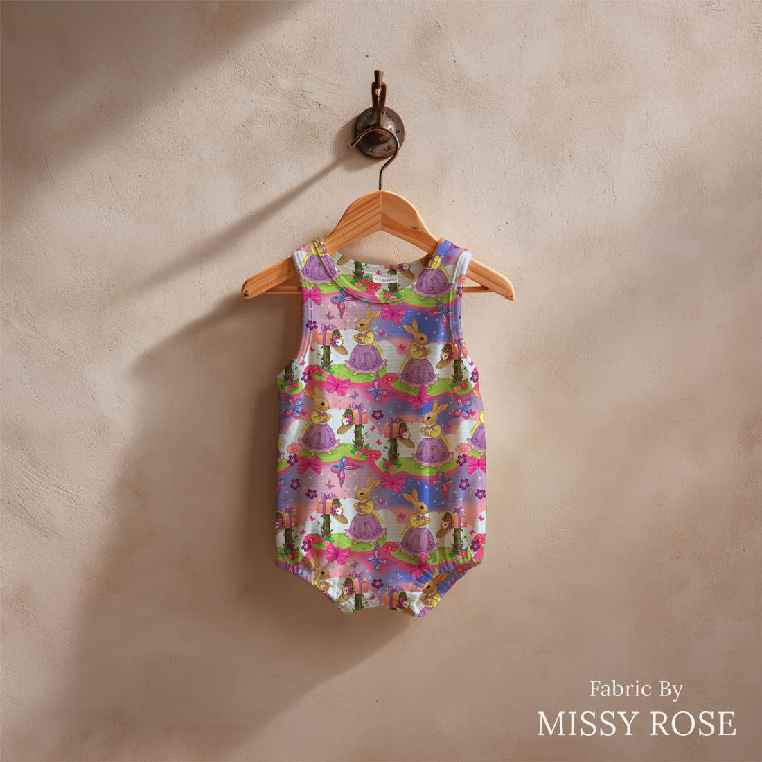 Design 584 Bunny Fabric sewn into a baby romper – see how the print looks made up | Fabric by Missy Rose