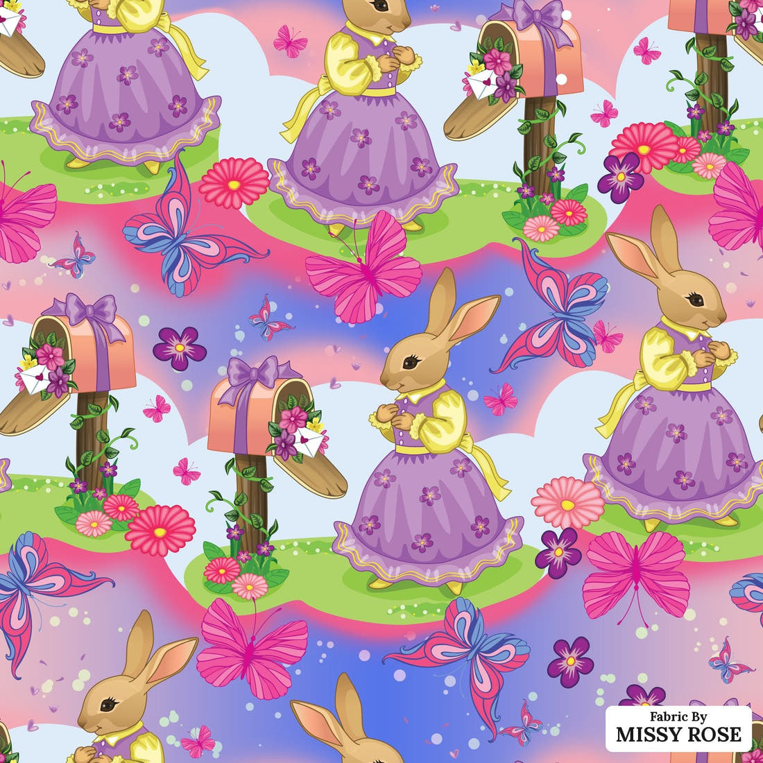 Design 584 Bunny Fabric - flat view of the print, zoom in for detail | Fabric by Missy Rose