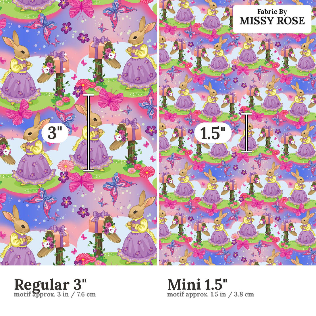 Design 584 Bunny Fabric size comparison - print scale | Fabric by Missy Rose