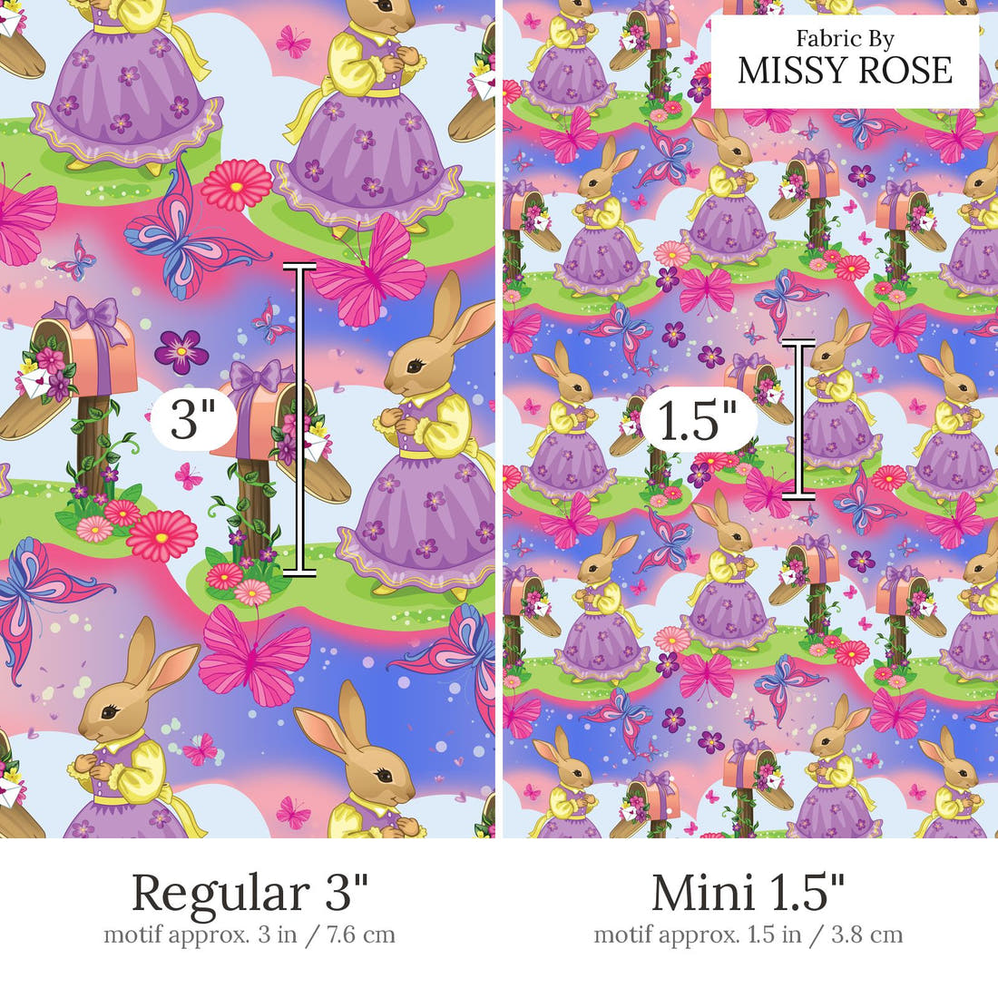 Design 584 Bunny Fabric Regular 3 inch vs Mini 1.5 inch print scale side by side | Fabric by Missy Rose