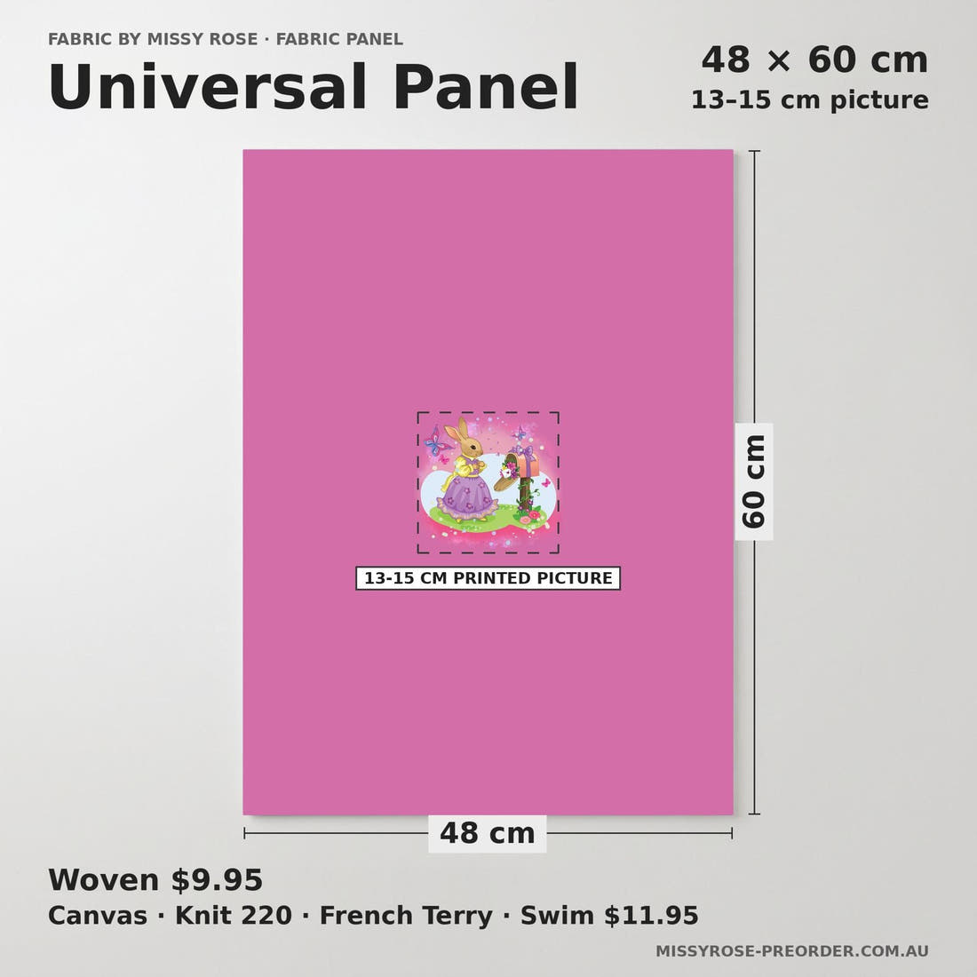 Design 584 Bunny Panel universal panel sizing – 13–15 cm printed picture on 48 × 60 cm fabric | Fabric by Missy Rose