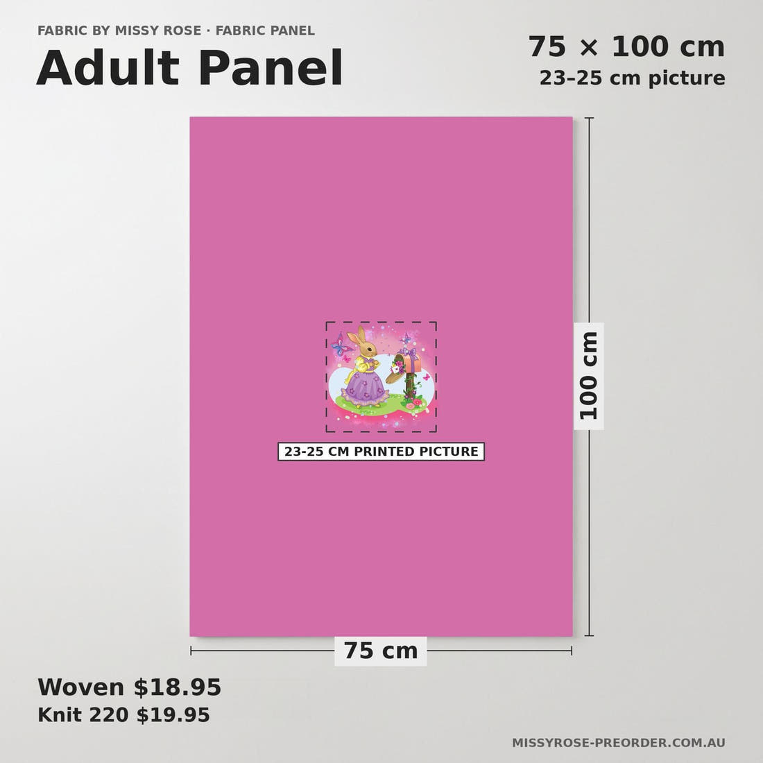 Design 584 Bunny Panel adult panel sizing – 23–25 cm printed picture on 75 × 100 cm fabric | Fabric by Missy Rose