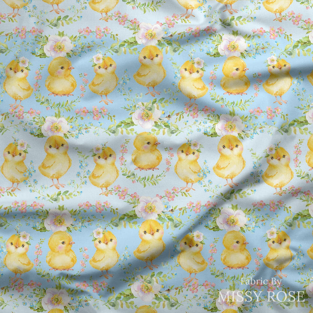 Design 585 Cute Chicken Fabric draped fabric mockup – custom printed fabric by the metre | Fabric by Missy Rose