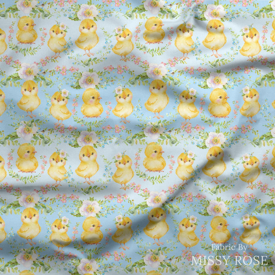 Design 585 Cute Chicken Fabric draped fabric mockup – custom printed fabric by the metre | Fabric by Missy Rose