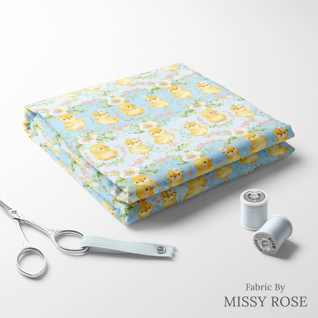 Design 585 Cute Chicken Fabric folded fabric stack with matching thread – pre-order fabric Australia | Fabric by Missy Rose
