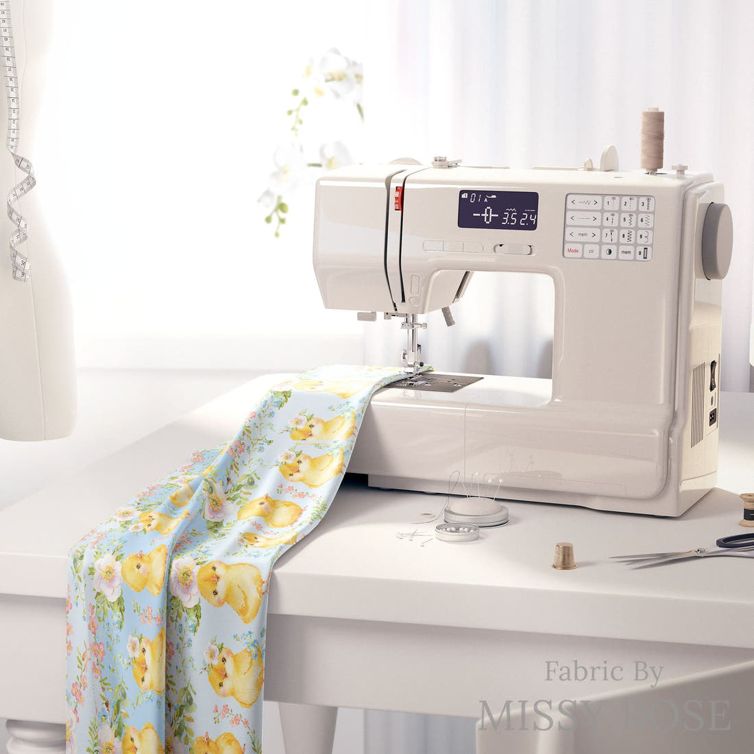 Design 585 Cute Chicken Fabric on a sewing machine – premium fabric for sewing projects | Fabric by Missy Rose