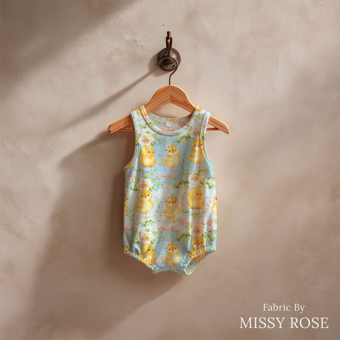 Design 585 Cute Chicken Fabric sewn into a baby romper – see how the print looks made up | Fabric by Missy Rose