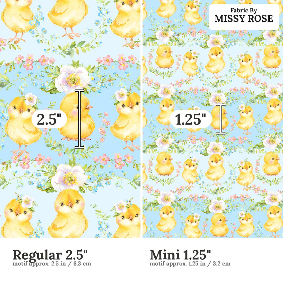 Design 585 Cute Chicken Fabric size comparison - print scale | Fabric by Missy Rose