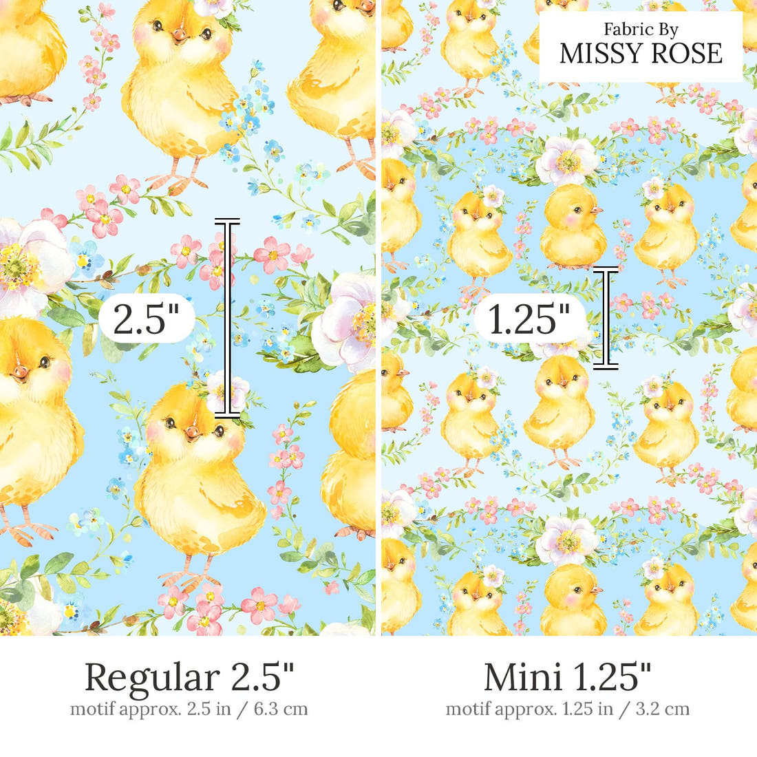 Design 585 Cute Chicken Fabric Regular 2.5 inch vs Mini 1.25 inch print scale side by side | Fabric by Missy Rose