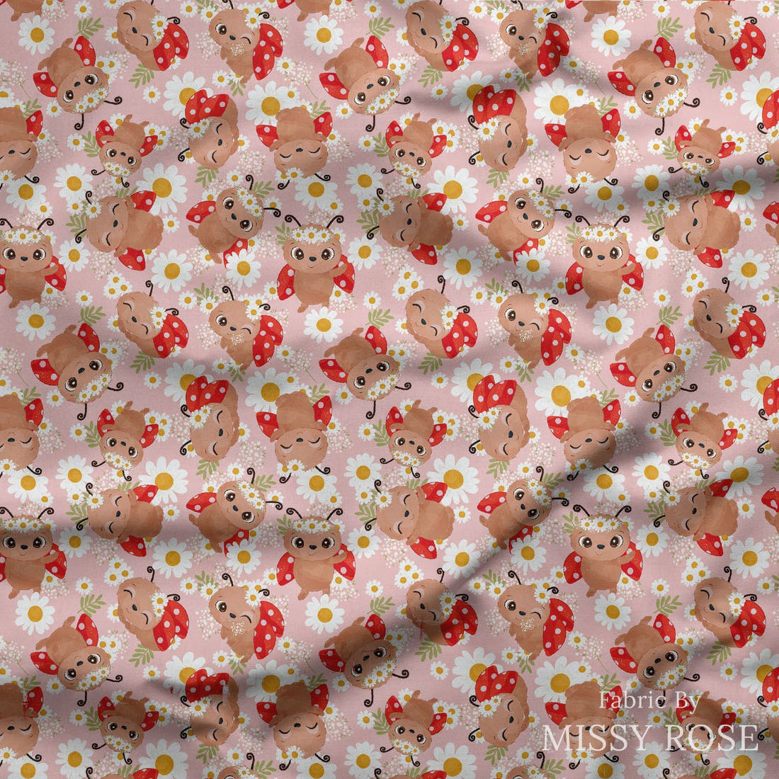 Design 586 Floral Lady Bug Fabric draped fabric mockup – custom printed fabric by the metre | Fabric by Missy Rose