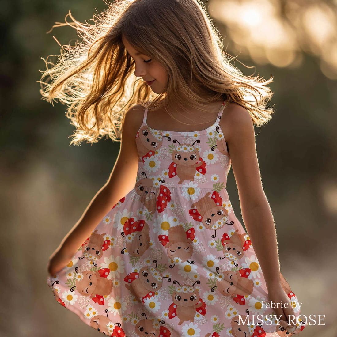 Design 586 Floral Lady Bug Fabric sewn into a girls' dress – see how the print looks made up | Fabric by Missy Rose
