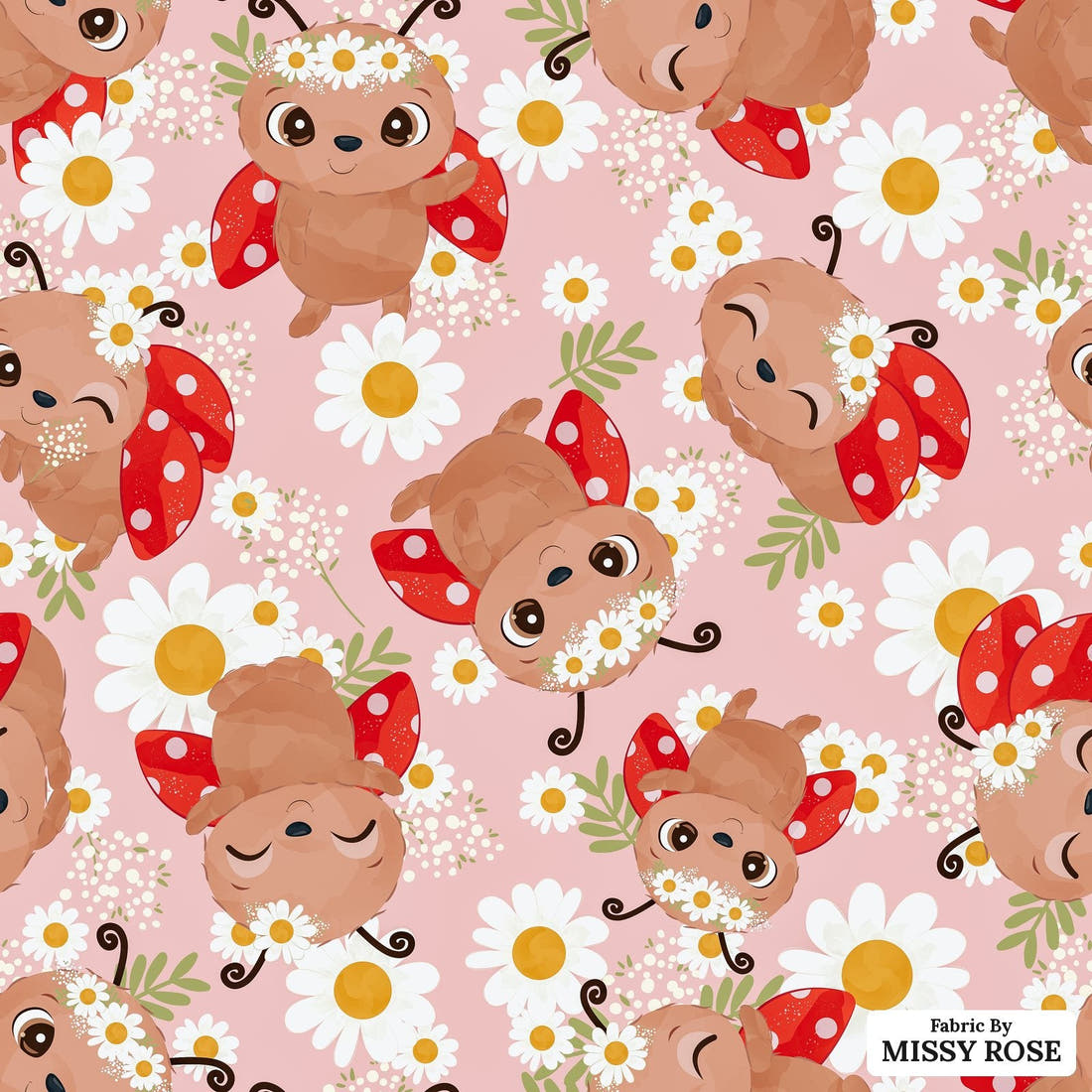 Design 586 Floral Lady Bug Fabric - flat view of the print, zoom in for detail | Fabric by Missy Rose