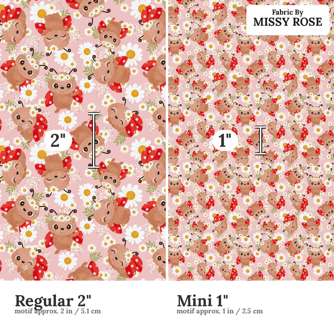 Design 586 Floral Lady Bug Fabric size comparison - print scale | Fabric by Missy Rose