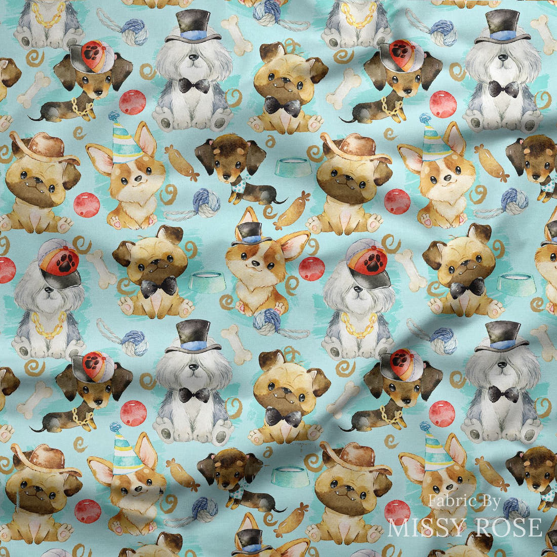 Design 587 Blue Dogs Fabric draped fabric mockup – custom printed fabric by the metre | Fabric by Missy Rose