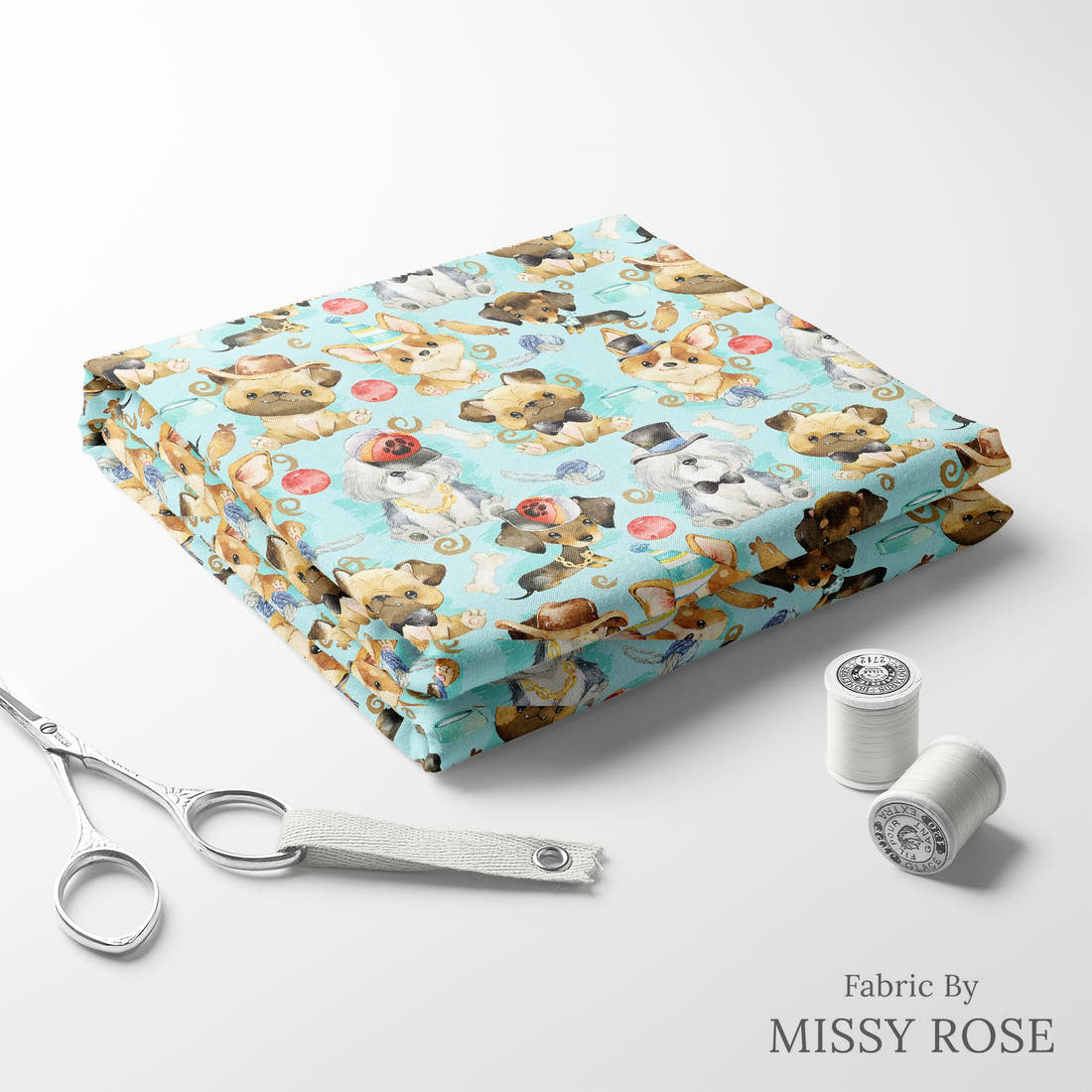 Design 587 Blue Dogs Fabric folded fabric stack with matching thread – pre-order fabric Australia | Fabric by Missy Rose