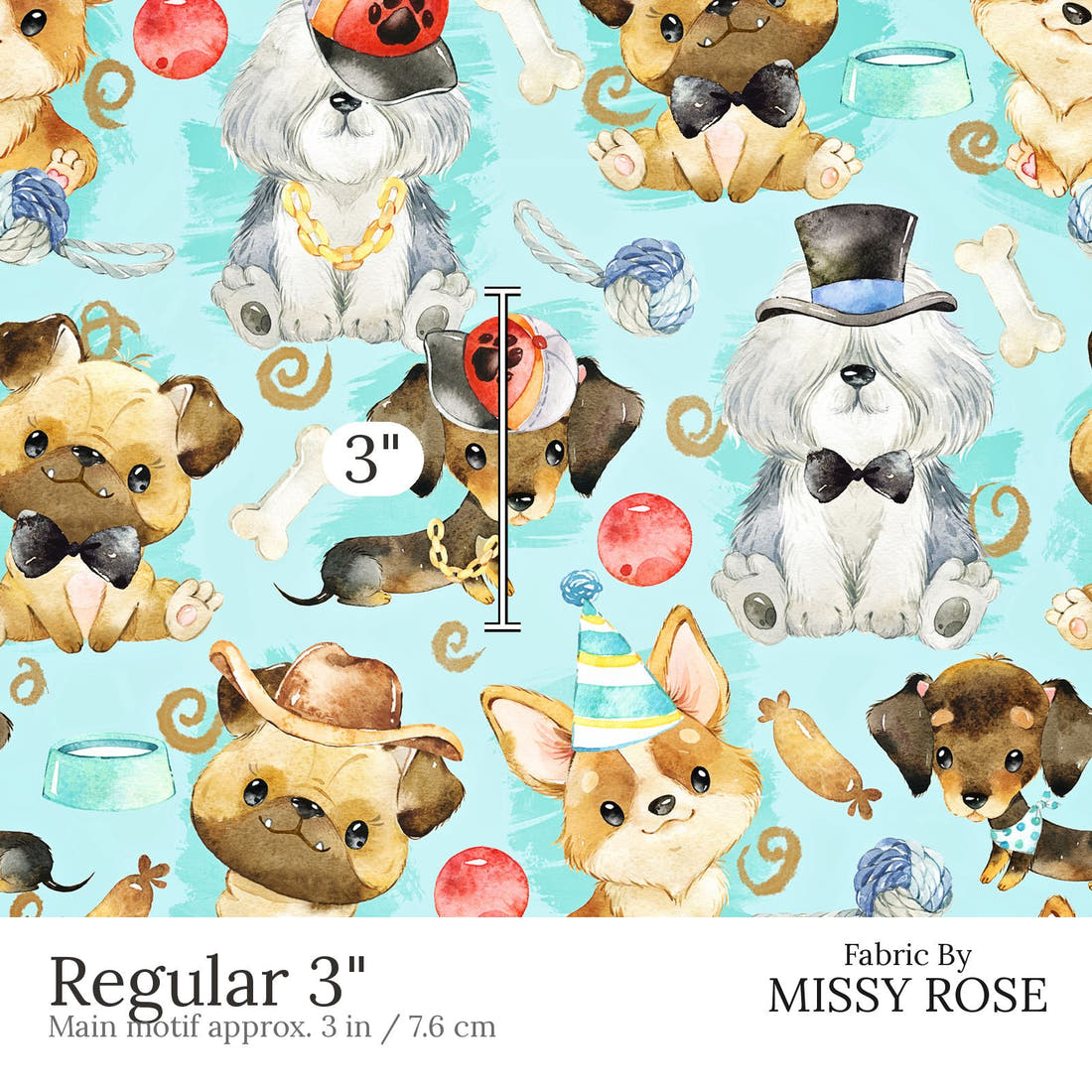 Design 587 Blue Dogs Fabric Regular 3 inch print scale guide | Fabric by Missy Rose