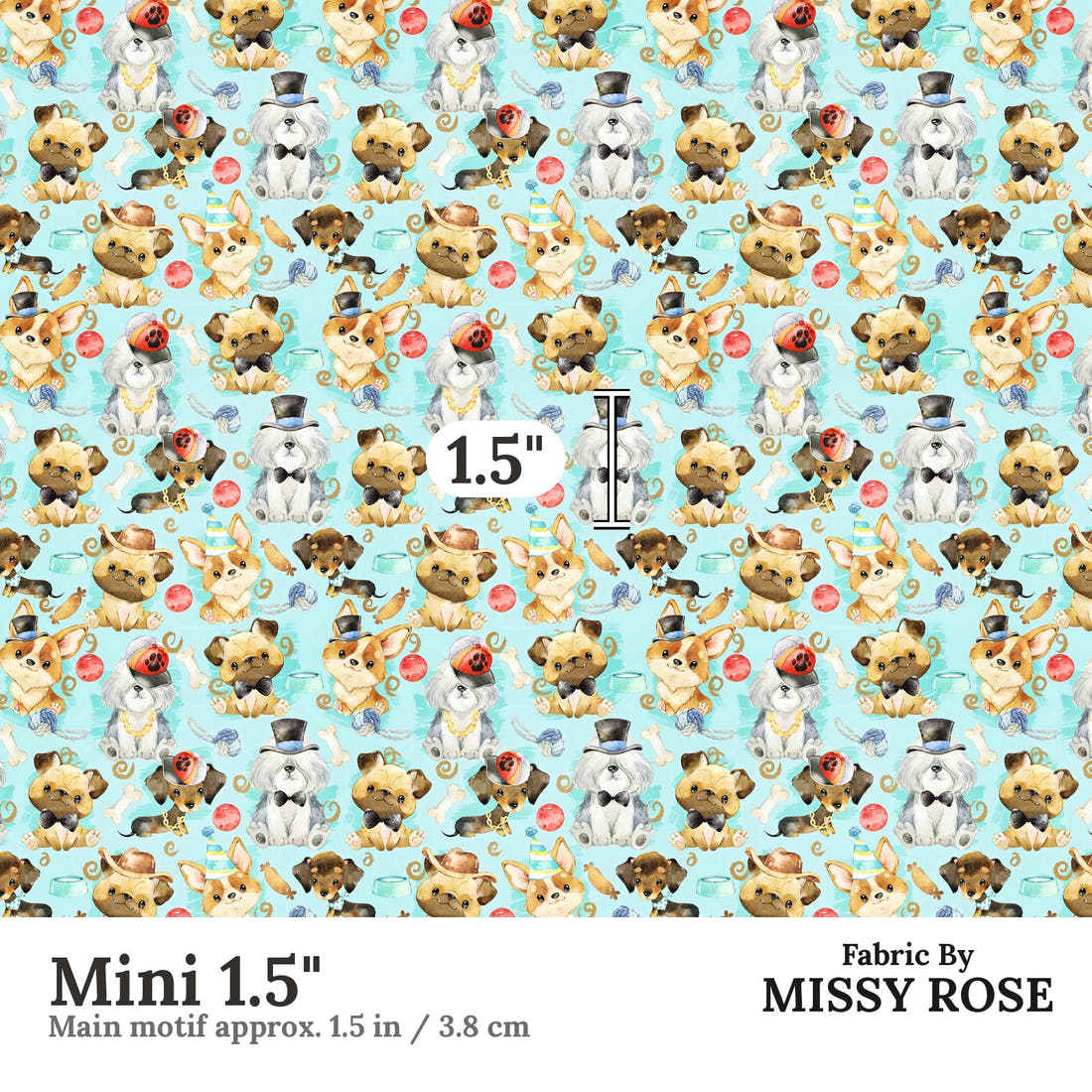 Design 587 Blue Dogs Fabric Mini 1.5" - print scale | Fabric by Missy Rose