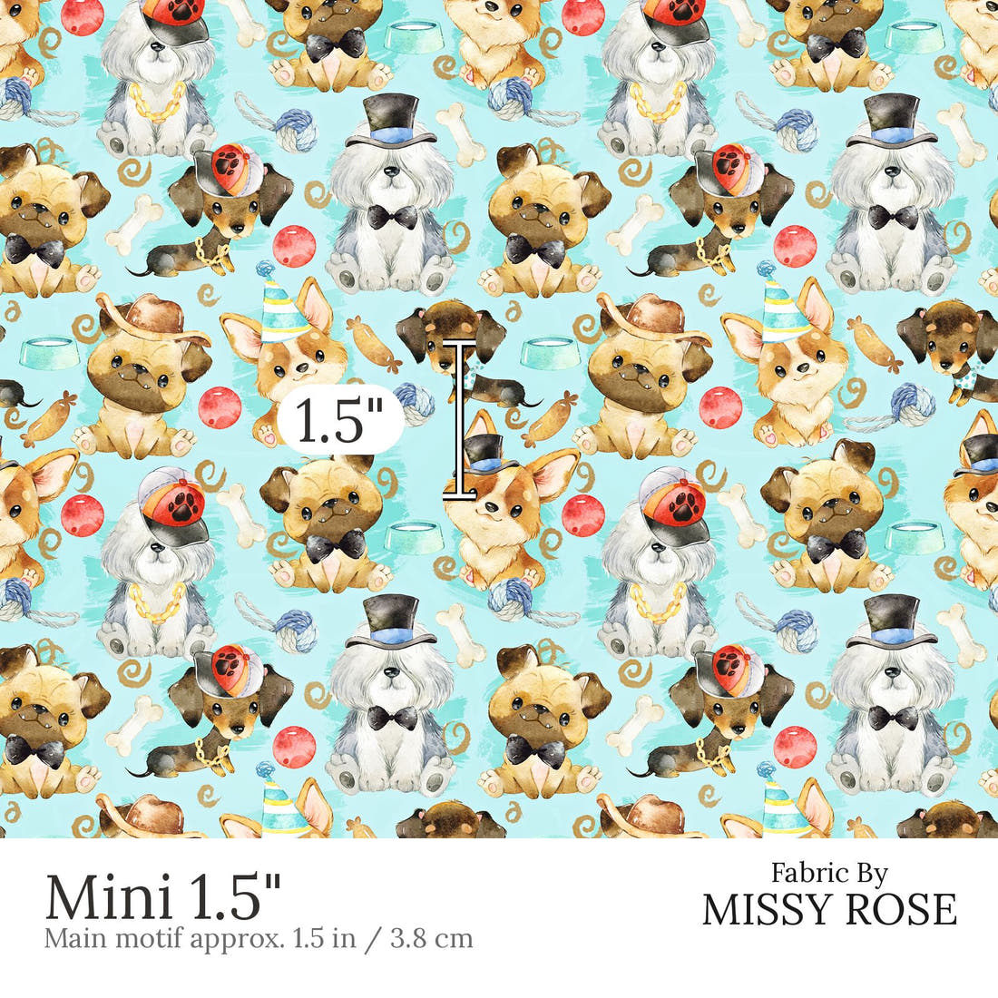 Design 587 Blue Dogs Fabric Mini 1.5 inch print scale guide | Fabric by Missy Rose