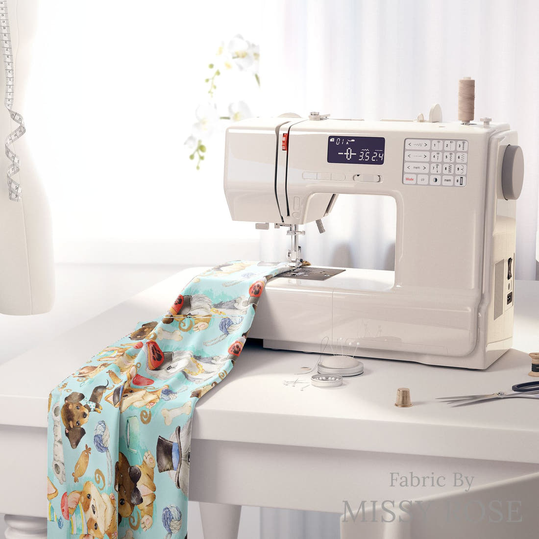 Design 587 Blue Dogs Fabric on a sewing machine – premium fabric for sewing projects | Fabric by Missy Rose
