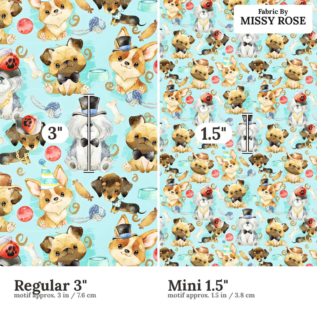 Design 587 Blue Dogs Fabric size comparison - print scale | Fabric by Missy Rose