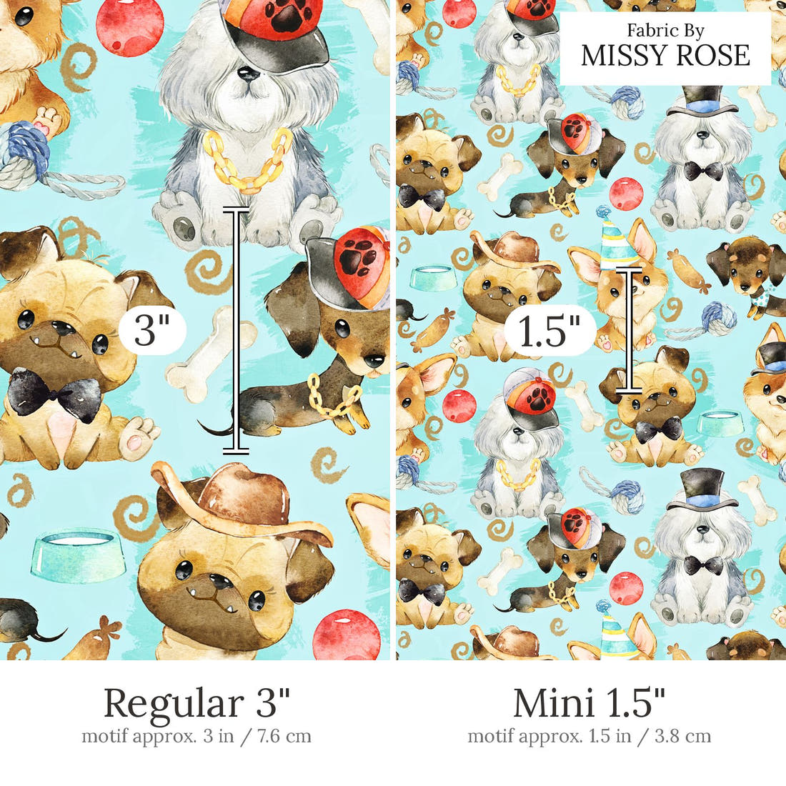 Design 587 Blue Dogs Fabric Regular 3 inch vs Mini 1.5 inch print scale side by side | Fabric by Missy Rose
