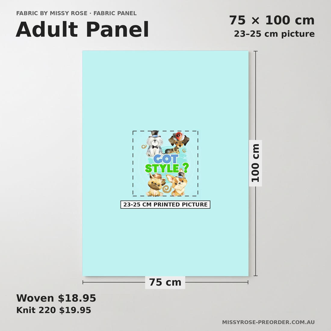 Design 587 Blue Dogs Panel adult panel sizing – 23–25 cm printed picture on 75 × 100 cm fabric | Fabric by Missy Rose