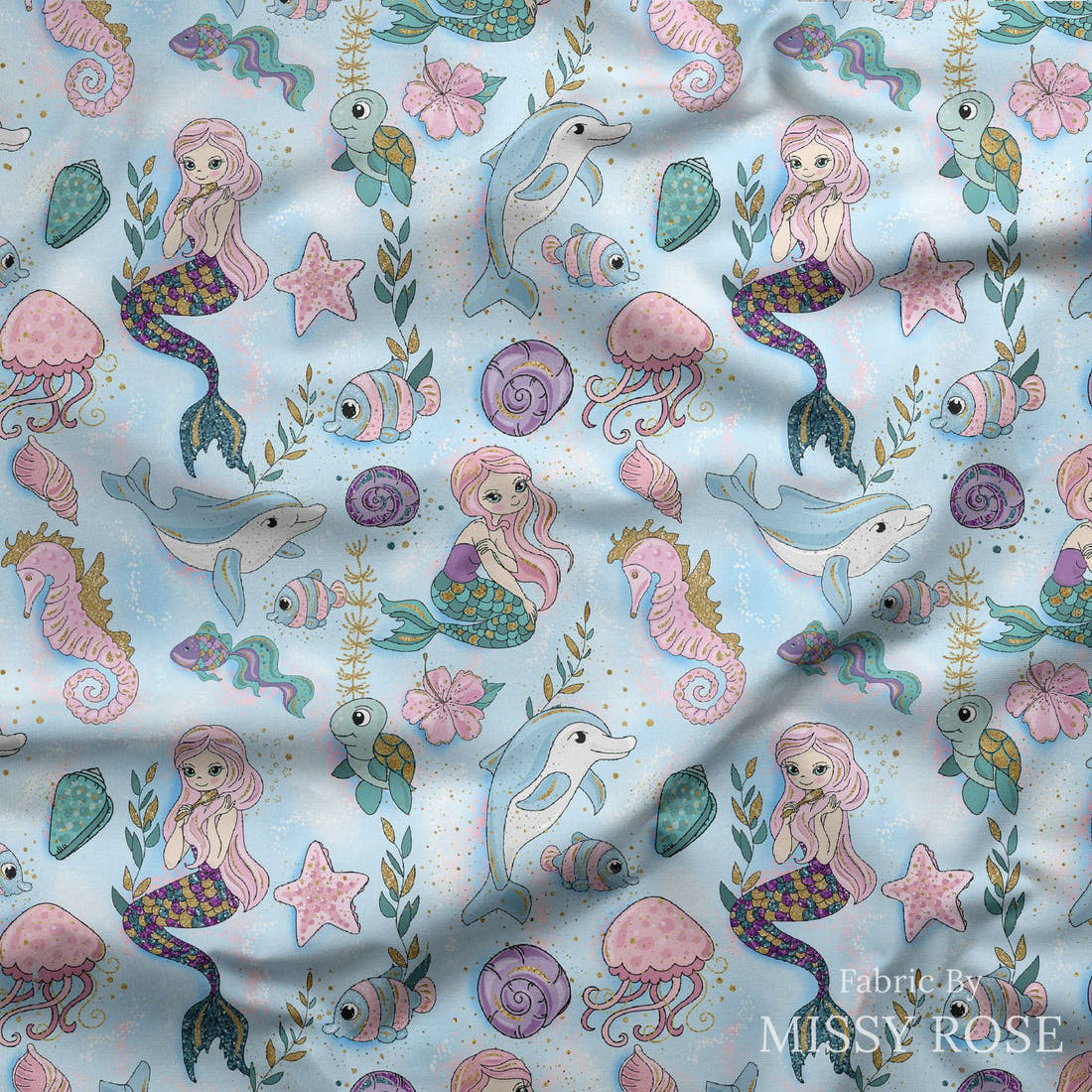 Design 588 Mermaid Dolphin Fabric draped fabric mockup – custom printed fabric by the metre | Fabric by Missy Rose