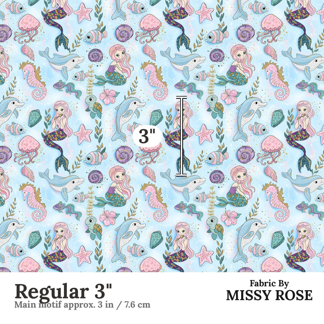 Design 588 Mermaid Dolphin Fabric Regular 3" - print scale | Fabric by Missy Rose